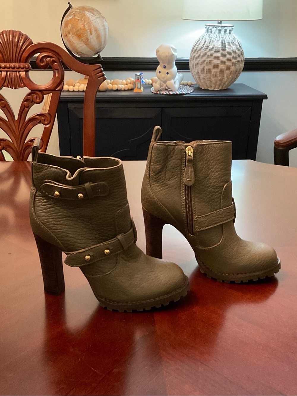 Tory Burch Olive Green Leather High-Heel Ankle Booties with Gold Hardware